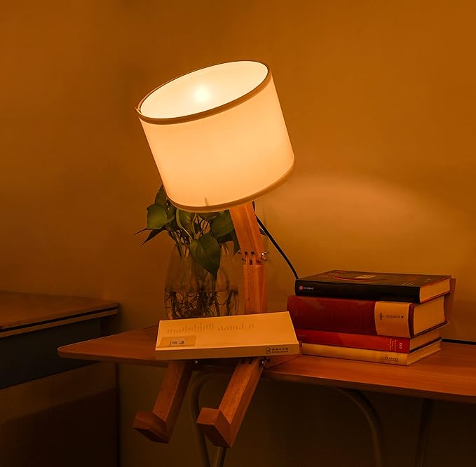ELINKUME Robot Bedside Lamp, Fabric Lampshade Match Foldable Solid Wood Body, Creative E27 Screw Table Lamp for Bedroom Living Room - Bloomnest
