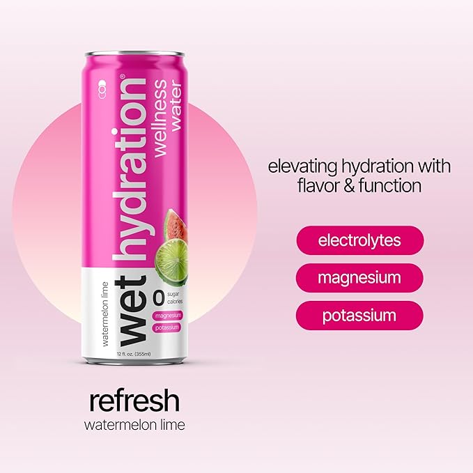 Wet Hydration | Functional Wellness Water, Non-Carbonated - Watermelon Lemon Lime (12 Ounce Cans, Pack of 12) - Flavored Water, Hydration Drink, No Sugar, No Artificial Ingredients, Zero Calories - Bloomnest
