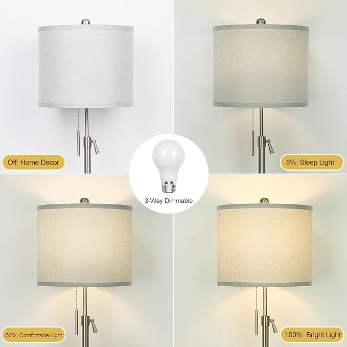 Brushed Nickel Floor Lamp for Living Room, Adjustable Height Standing Lamp with Metal Base, Tall Pole Light with Grey Shade for Bedroom, 8W 4000K 3-Way LED Bulb Included (Brushed Nickel, Grey Shade) - Bloomnest