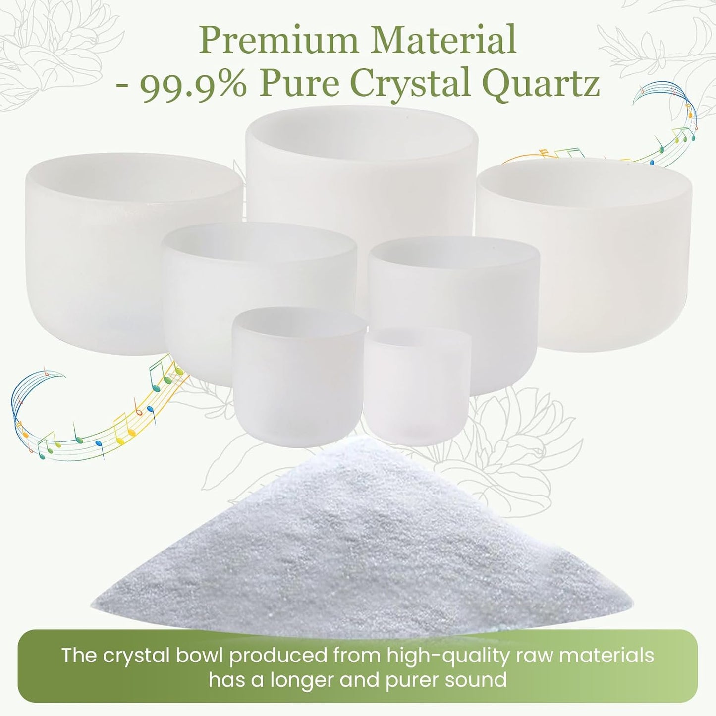 432HZ 6-12 Inch 7 Pcs White Frosted Crystal Singing Bowl Set for Meditation Healing Yoga Chakra Quartz Crystal Sound Bowls with Heavy Duty Carry Cases and Rubber Mallet,Suede Striker,O-rings