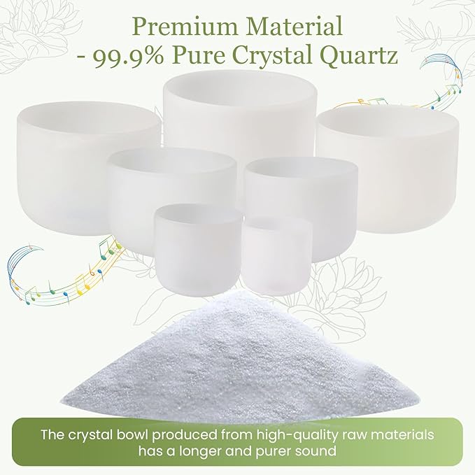 432HZ 6-12 Inch 7 Pcs White Frosted Crystal Singing Bowl Set for Meditation Healing Yoga Chakra Quartz Crystal Sound Bowls with Heavy Duty Carry Cases and Rubber Mallet,Suede Striker,O-rings - Bloomnest