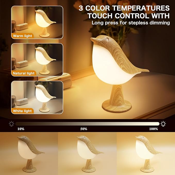 VViN 2 in 1 Small Desk Lamp, Bird Cordless Table Lamp with 3 Color Temperature Dimmer and Touch Sensor - Rechargeable Battery Night Light for Kids, Bedroom, Bedside, and Outdoor Use - Bloomnest