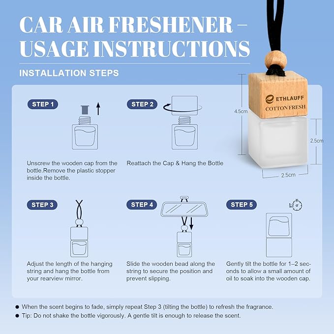Car Air Freshener Hanging, 3 Pcs Cotton Fresh, Fresh Linen, Cardamom & Cedar, Car Scent Air Fresheners Diffuser for Car, 45+ days Long Lasting Fragrance, 0.27 FL OZ/8ML - Bloomnest