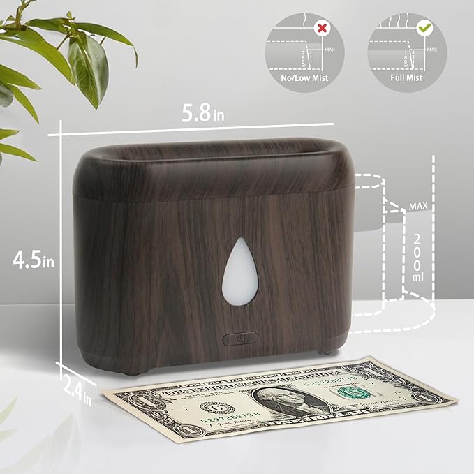 Flame Diffuser for Essential Oils, 200ml Ultrasonic Aroma Diffusers with Cool Mist, Aromatherapy Diffuser with Auto-Off Protection (Dark Wooden Grain, Unscented) - Bloomnest