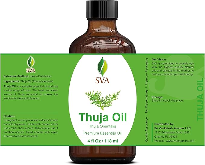 SVA Thuja Essential Oil – 4 Fl Oz – 100% Natural Thuja Oil - for Diffuser, Hair Care, Face, Skin Care, Aromatherapy, Scalp and Body Massage, Soap and Candle Making – with Dropper - Bloomnest