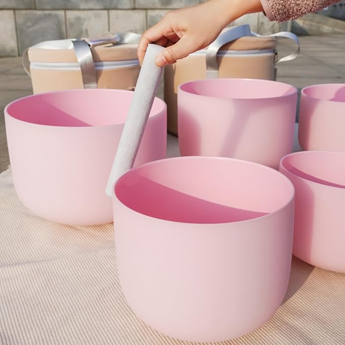 Hye-eun 432HZ Crystal Singing Bowls Set，7-11 Inch 3pcs Frosted Pink Quartz Chakra Bowl for Meditation Sound Healing with Travel Carry Case Bag Yoga Meditation Healing Sound Therapy (7"A 9"E 11"D) - Bloomnest