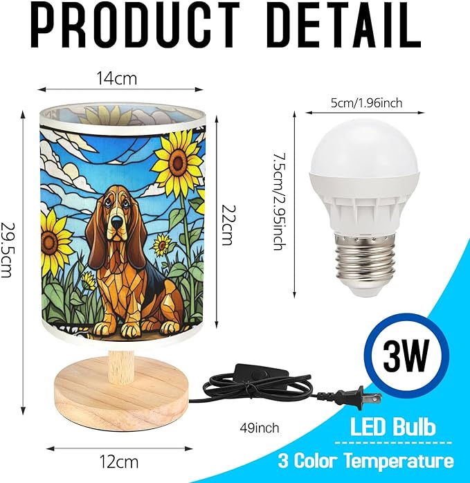 Basset Hound Table Lamp LED 3-Color Pressed Bedside, Dog Shade Lamp with Wood Base for Bedroom Living Room Desk Office - Bloomnest