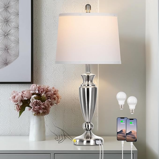 27" Silver Table Lamps for Living Room Single, 3 Way Touch Control Bedside Lamps with USB A+C Ports, Modern Brushed Nickel Bedroom Lamp, Metal Tall Lamp for Nightstand Desk Side Table Office - Bloomnest