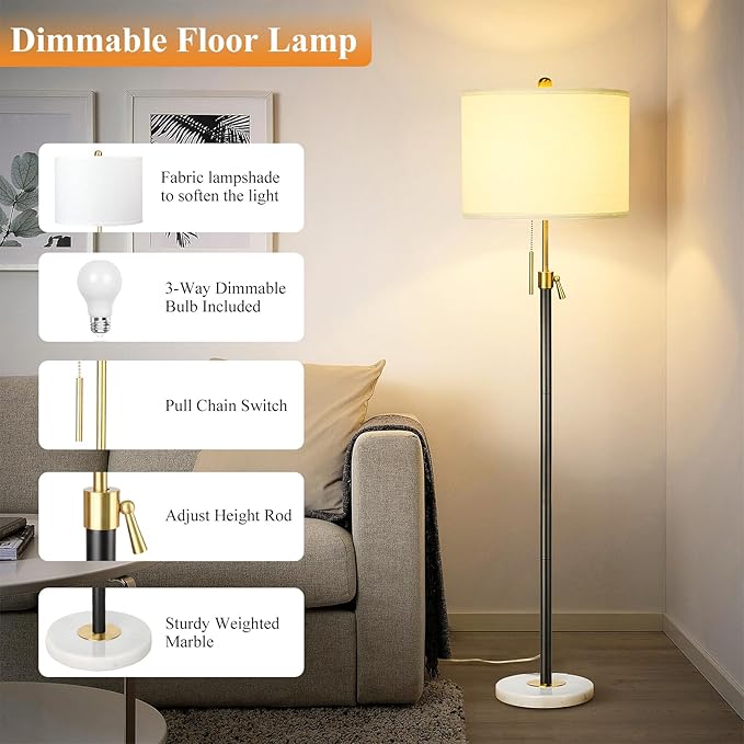 Floor Lamp for Living Room Adjustable Tall Standing Lamp, 3-Way Dimmable Floor Lamp for Bedroom Office, Black Gold Lamp with Marble Base and White Linen Shade - Bloomnest