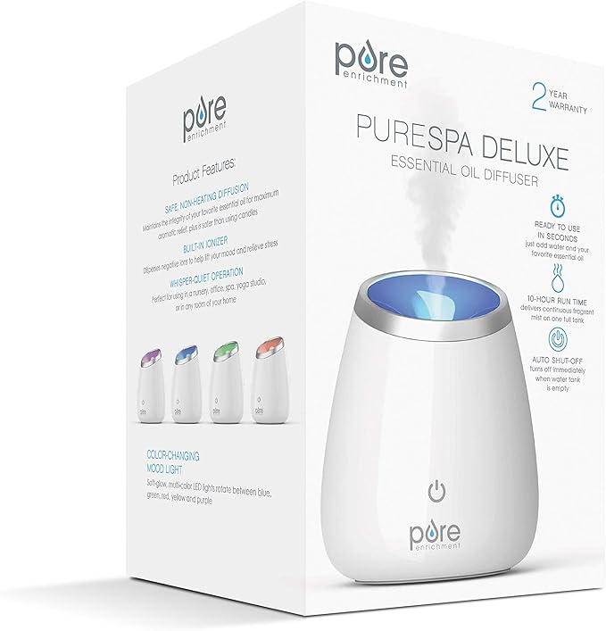 Pure Enrichment PureSpa Deluxe Ultrasonic Aromatherapy Oil Diffuser - 120ml Water Tank, Mood-Boosting Ionizer and Optional Color-Changing Light - Lasts Up to 10 Hours with Auto Safety Shut-Off - Bloomnest