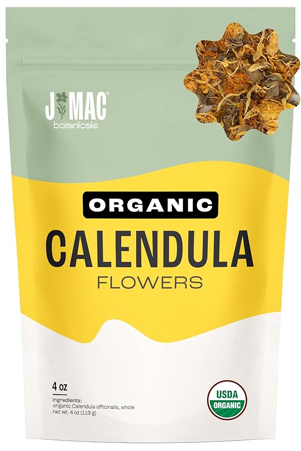 J Mac Botanicals, Organic Calendula Flower (4 ounce), whole dried flowers and petals, loose leaf tea, marigold flower, USDA Certified Organic. Great for loose leaf teas, cocktail bombs, salve - Bloomnest