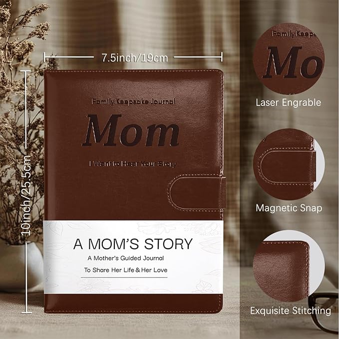 Artmag Mom's Life Story Journal with 250+ Prompt Questions, Family Keepsake Book Leather Cover for Mom to Share Her Memories for Birthday Mother's Day Christmas (Brown) - Bloomnest