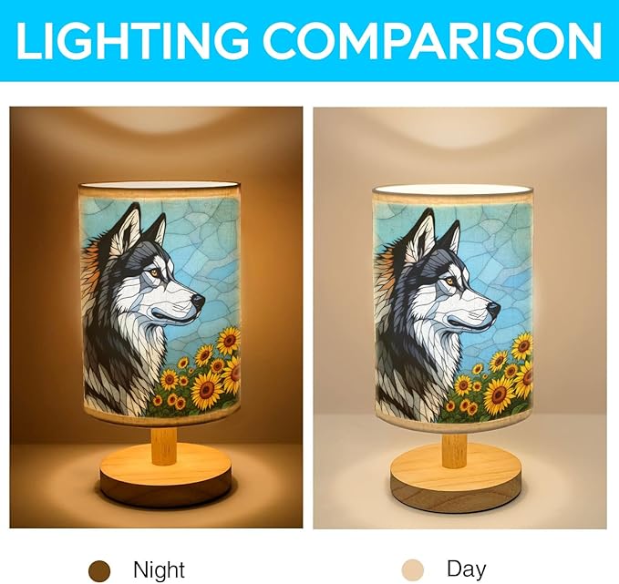 Alaskan Malamute Table Lamp LED 3-Color Pressed Bedside, Dog Shade Lamp with Wood Base for Bedroom Living Room Desk Office - Bloomnest