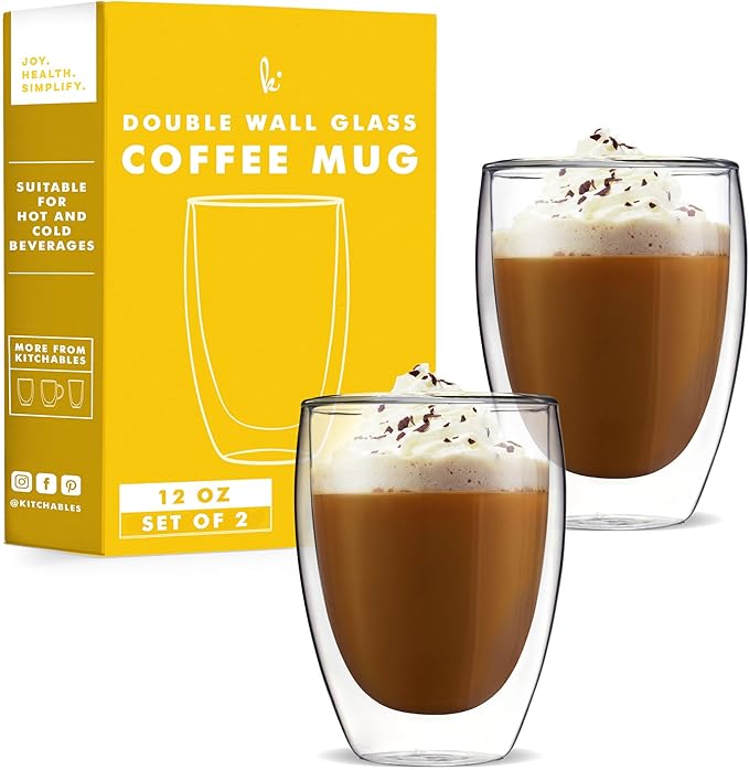 Kitchables Double Walled Glass Coffee Mugs Set of 2,12oz - Insulated Clear Coffee Mug for Cappuccino, Latte, Tea, Espresso - Latte cup - Tazas Para Cafe - Bloomnest