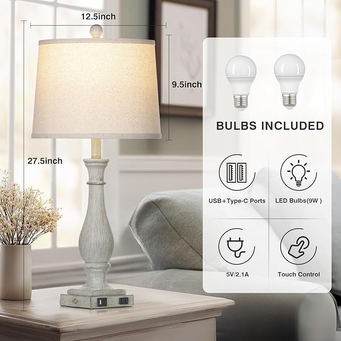 27.5" Grey Farmhouse Lamps Set of 2, Vintage Living Room Table Lamps with USB C+A Ports & AC Outlet, 3-Way Touch Control Bedside Lamp, Rustic Resin Bedroom Lamp for Nightstand Side Table Desk - Bloomnest