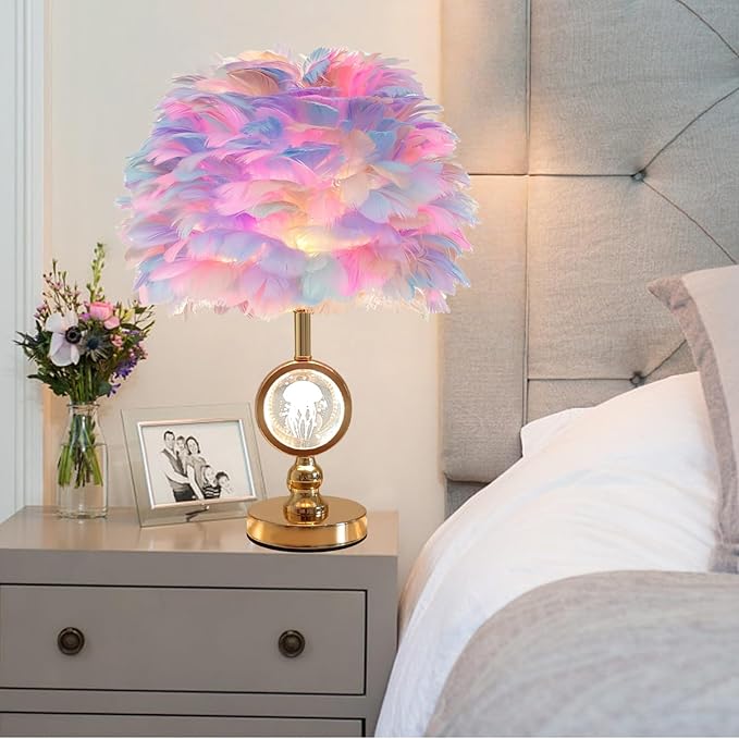 Colorful Feather Lamp Modern Crystal Table Lamp Fluffy Bedside Lamp Romantic Nightstand Light Cute Princess Desk Lamp for Teen Girl Wedding Deco Bedroom Living Room Entryway - Bloomnest