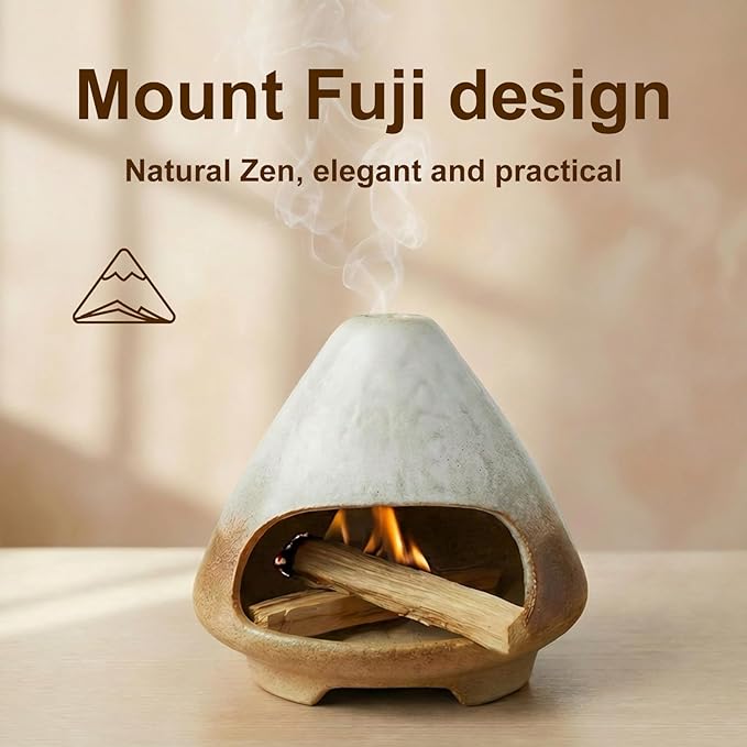 CEREMONY Palo Santo Holder -Mini Ceramic Incense Holder for Palo Santo and Sticks - White Sage Holder for Meditation Decor Ceremony Incense with Glass Gray Collector (Brown-Mount Fuji) LifeNeedsAlittleofCeremony