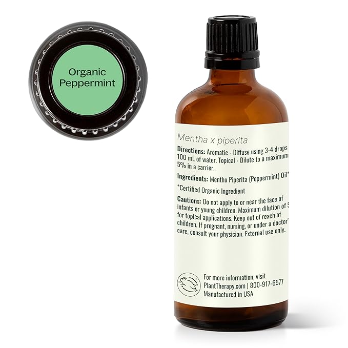 Plant Therapy Organic Peppermint Essential Oil 100% Pure, USDA Certified Organic, Undiluted, Natural Aromatherapy, for Diffusion, Skin, Hair, Therapeutic Grade 100 mL (3.3 oz) - Bloomnest