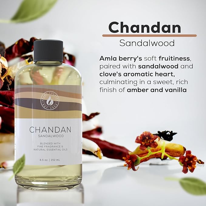Aroma Country Chandan Diffuser Oil - Luxury Essential Oils for Diffuser Refill & Air Freshener Room Spray - Long-Lasting & Natural Home Fragrance, Sandalwood Scented Oil for Diffusers (8.5 Fl. oz) AromaCountry