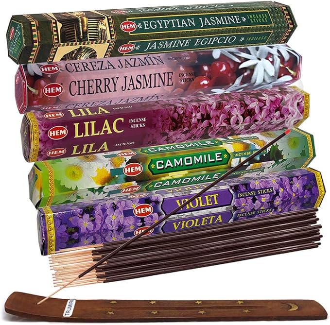 TRUMIRI Incense Sticks Variety Pack #13: 5 Fragrances (Egyptian Jasmine, Cherry Jasmine, Lilac, Camomile, Violet) - 100 Sticks (20 of Each) with Holder - Bloomnest
