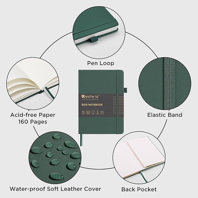 &And Per Se Graph Journal Notebook, 160 Pages, A5 5.7 x 8 inches 100 gsm Thick Paper Notebook Journals for Writing, Grid Hardcover Notebook(1 Pack, green)