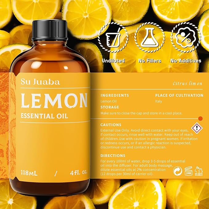 SU JUABA Lemon Essential Oil 4 Fl Oz, 100% Pure Natural for Cleaning, Diffuser, Skin Care, Aromatherapy- 118ML Bloomnest