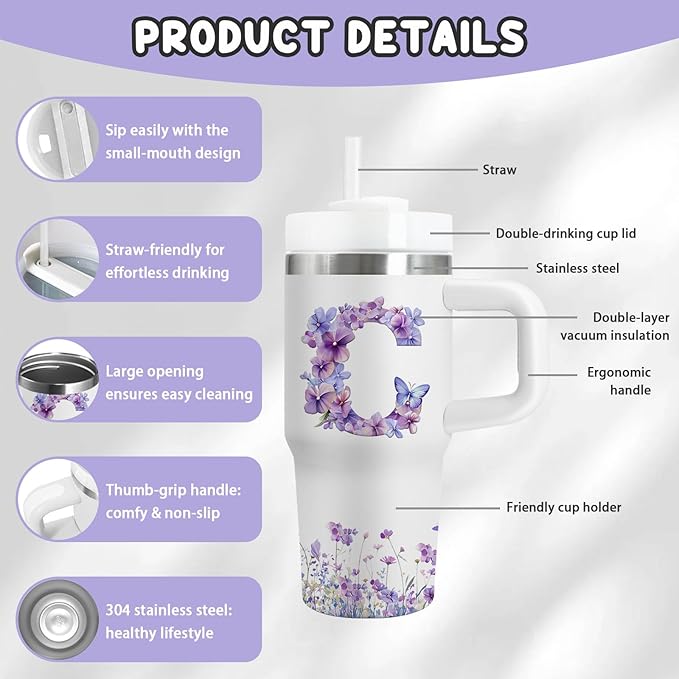 Letter C Tumbler Gifts, 14oz Letter C Themed Tumbler with Handle and Straw, Stainless Steel Double Wall Vacuum Insulated Cup Keep Hot Cold - 14oz Travel Mug with Lid Tumblers for Home Work Outdoor Use - Bloomnest