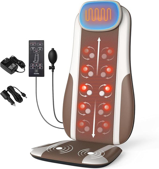 Shiatsu Back Massager with Heat, Massage Chair Pad Seat Cushion for Stress Relief, Deep Tissue Kneading & Roller, 2 Vibration Motors, Back Waist Hip Massager, PU Leather, with 2 Adapters - Bloomnest