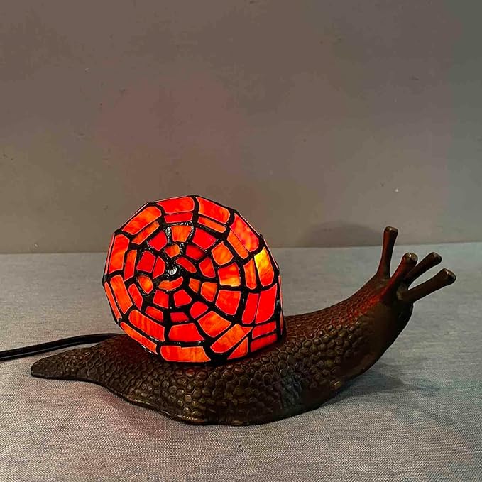 Bieye L10989 Land Snail Tiffany Style Stained Glass Accent Table Lamp for Home Decoration (Red, 10" D x 5" W x 5" H) - Bloomnest