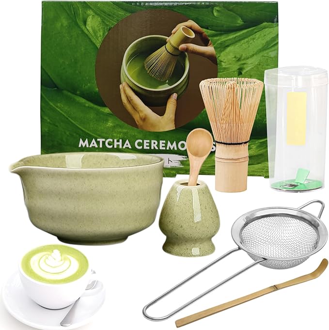 6 Pcs Matcha Whisk Set,Matcha Kit for Ceremony,Matcha Tea Set for Making Breakfast/Latte,Matcha Whisk Set with Ceramic Bowl with Spout,Whisk and Holder,Gift for Matcha Lover - Bloomnest