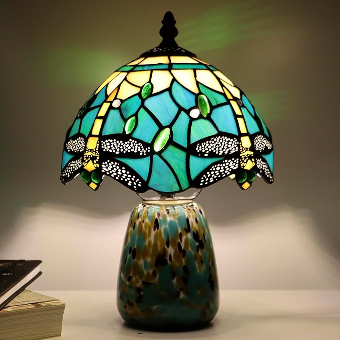 Tiffany Mushroom Table Lamp Dragonfly Style Blue Yellow Stained Glass Accent Lamp Brown Blue Glass Base 8X8X12 Inch - Bloomnest