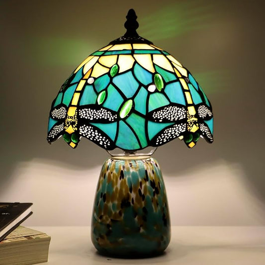 Tiffany Mushroom Table Lamp Dragonfly Style Blue Yellow Stained Glass Accent Lamp Brown Blue Glass Base 8X8X12 Inch - Bloomnest