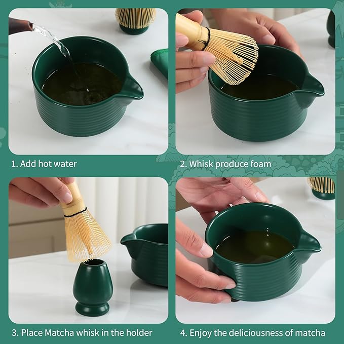 Matcha Whisk Set,Matcha Making Set with Dark Green Bowl,Matcha Whisk Holder, Stainless Sifter & Scoop, Tea Towel,Traditional Matcha Tea Set for Ceremony,Dark Green,7Pcs - Bloomnest