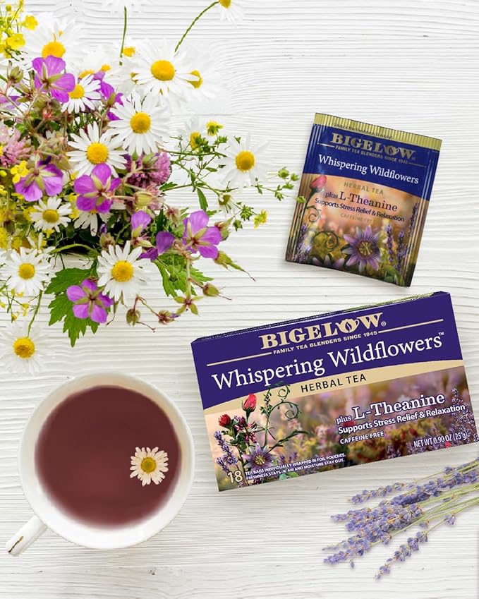 Bigelow Whispering Wildflowers Herbal Tea Plus L-Theanine, Supports Stress Relief & Relaxation, Caffeine-Free, Kosher, Gluten Free & Non-GMO, 18 Tea Bags, 0.9 Ounce (Pack of 6) - Bloomnest
