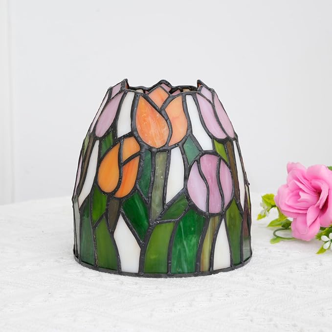 Tiffany Lamp Pink Yellow Tulips Small Stained Glass Table Light Retro Unique Nightstand Bedside Light for Home Decor Bedroom Living Room Boys Girls Christmas Gifts - Bloomnest