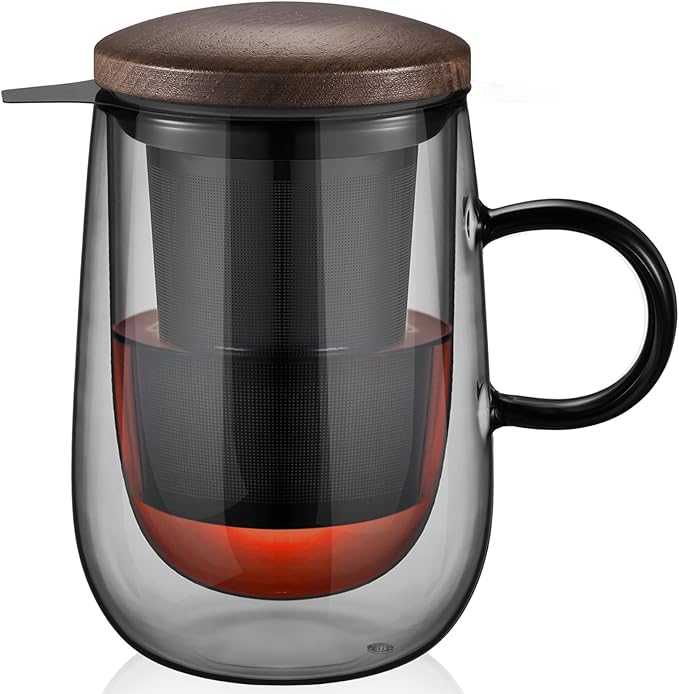 glastal Tea Infuser Mug 14.5oz Glass Tea Cup with Removable Stainless Steel Infuser and Lid, Double-walled Black Glass Tea Cup Teacup for Loose Leaf Tea, Birthday for Parents Dad Mum Friends Office - Bloomnest