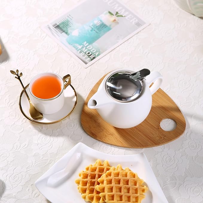 Small Ceramic Teapot With Stainless Steel Infuser For Loose Tea And Blooming Tea, Heat Resistant Ceramic Tea Pot And Tea Kettle, Perfect Tea Maker, White Teapot 350ml/12.0oz