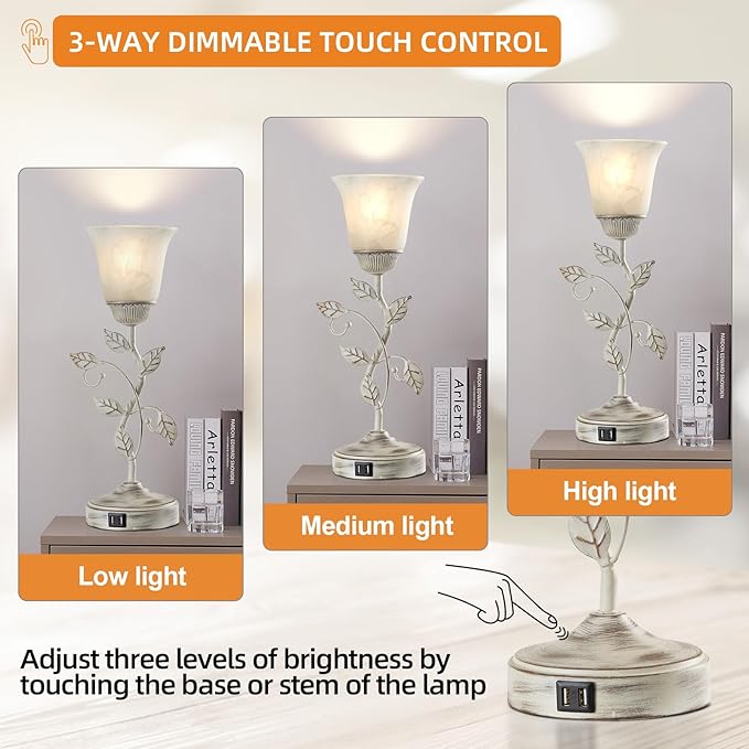 RORIANO Rustic Touch Table Lamp for Bedroom, 3-Way Dimmable Nightstand Lamp with 2 USB Ports, Retro Vintage White Glass Shade Leaf Desk Lamp for Living Room Entryway, LED Bulb Included - Bloomnest