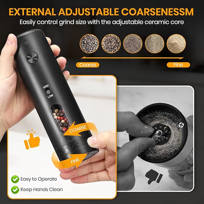 Rechargeable Salt Grinder Set Top-Refill Electric Grinders with Variable Grinding Speed, External Adjustable Coarseness, Black - Bloomnest