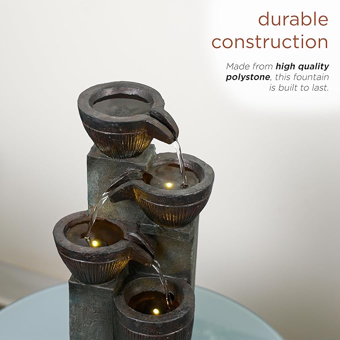 Alpine Corporation TZL416 14" Stoned Jar Water Fountain with Cascading LED Lights, Stylish Tabletop Water Feature for Home, Office, Living Room, Bedroom & Desk Decor, Gray - Bloomnest