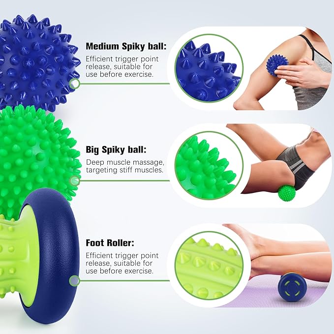 Massage Ball - 3 in 1 - with Foot Roller & Spiky Balls, Plantar Fasciitis Relief and Heel Spur Relief, Foot Roller Massage and Trigger Point Ball