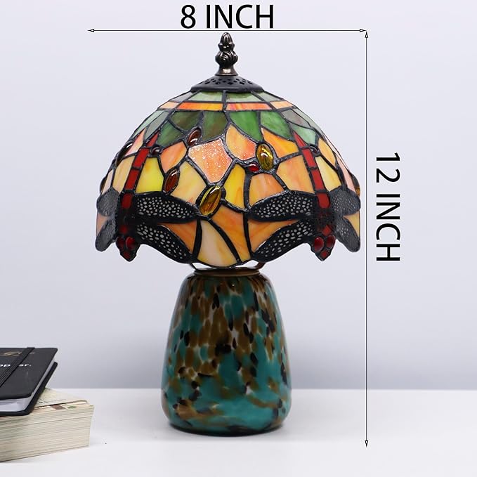 Tiffany Mushroom Table Lamp Dragonfly Style Yellow Stained Glass Accent Lamp Brown Blue Glass Base 8X8X12 Inch - Bloomnest