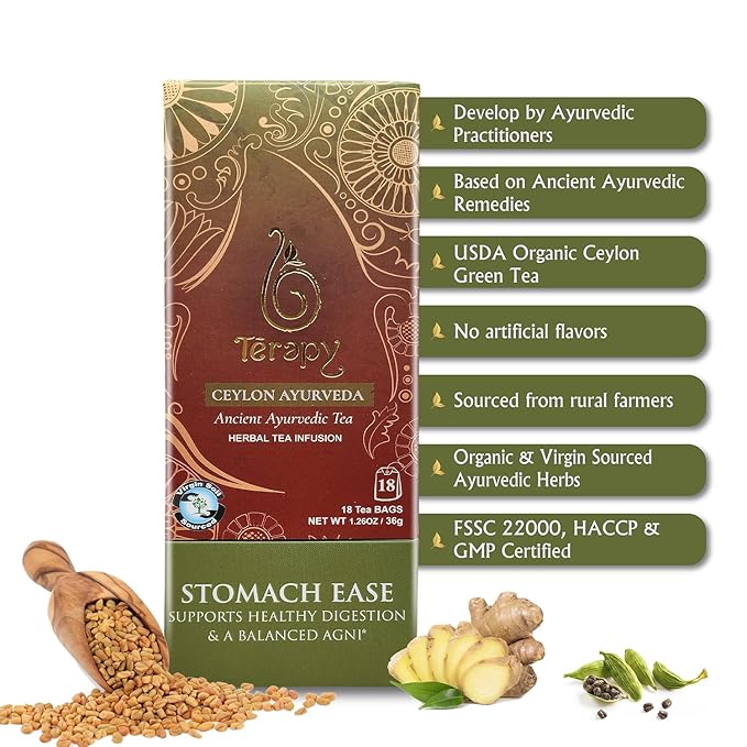 Térapy Ceylon Stomach Ease Herbal Tea Bags | Soothes Stomach & Supports Healthy Digestion | All Natural Ayurvedic Ingredients Including Peppermint, Ginger, Licorice | 18 Individually Wrapped Tea Bags - Bloomnest