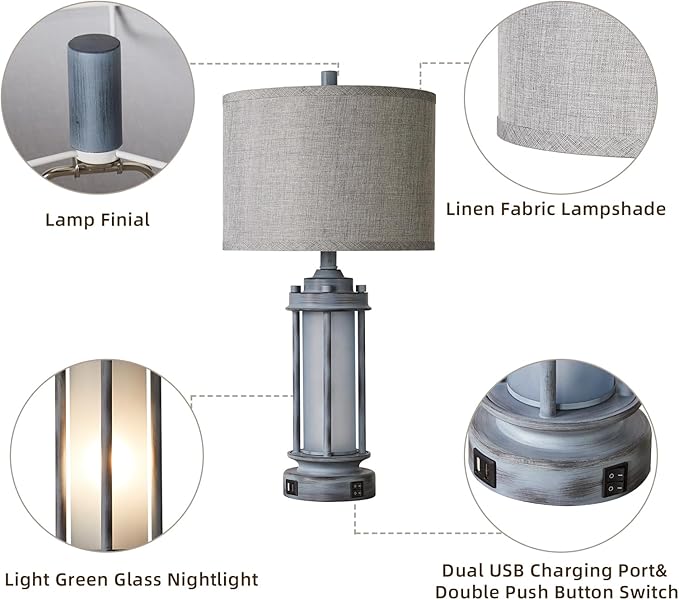 Set of 2 Rustic Table Lamps for Living Room, Farmhouse Vintage Nightstand Lamp with 2 USB Ports, Antique Retro Light Green Glass Night Light for Bedroom Entryway, 4 Bulbs Included - Bloomnest