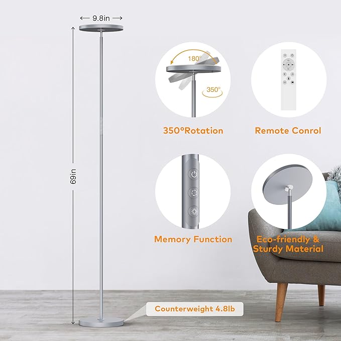 Floor Lamp,Bright 36W 3500LM Standing Lamp with Remote, 2700K Soft White to 6500K Cool White Adjustable,Touch Control Dimmable Torchiere Tall Light for Living Room,Bedroom,Office,Sofa(Gray) - Bloomnest