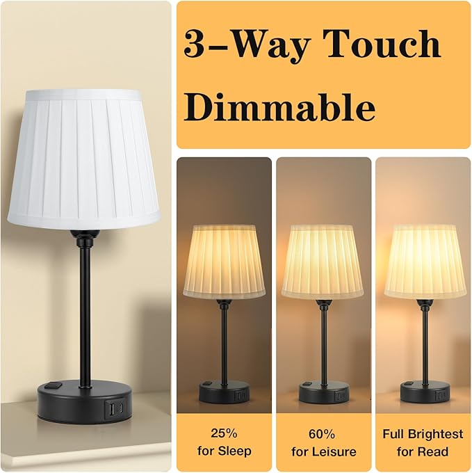 Acaxin White Bedside Lamps for bedrooms Set of 2 - White Pleated Lamp Shade with USB Charging Ports, Touch Lamps for Nighstand, Night Stand Lamp for Dorm/Office/Living Room/Class Room - Bloomnest