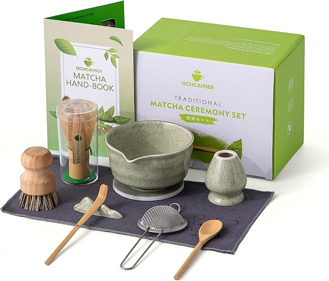 Japanese Matcha Set, Matcha Bowl with Spout and Coaster, Matcha Whisk and Holder, Sifter, Scoop, Spoon, Cleaning Brush,10 Pcs Complete Ceramic Matcha Kit - Bloomnest