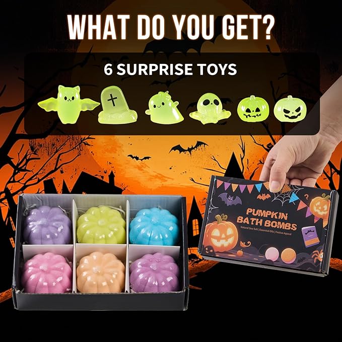 Halloween Bath Bombs for Kids Pumpkin Bath Bombs with Halloween Luminous Mini Resin Toys Inside Halloween Toys Halloween Treat Bags Gifts Kids Skin Care Bathbombs - Bloomnest