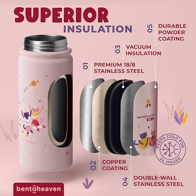 Bentoheaven Kids Water Bottle Stainless Steel for Boys & Girls, 2 Lids (Chug & Straw), Handle & Silicone Boot, Reusable Metal Leak-proof Insulated Tumbler, School & Sports 17oz (Pink) - Bloomnest
