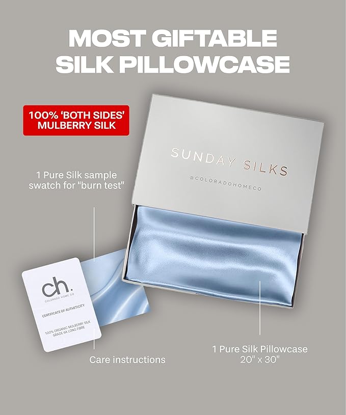 SUNDAYSILKS™ Premium Silk Pillow Cases | 100% Mulberry Silk Pillowcase with Zipper, All Sides Real 22 Momme Grade 6A Silk, Standard Queen, King Size [Topaz Blue] - Bloomnest